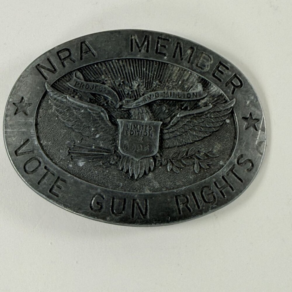 Vintage NRA Member Vote Gun Rights Oval Pewter Metal Belt Buckle Limited